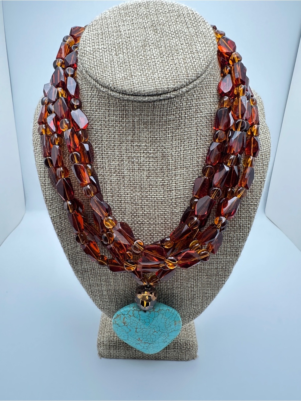 Multi-Strand Amber Glass Necklace with Turquoise Heart Pendant